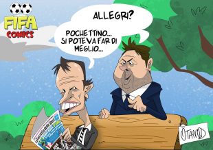 Allegri e Pochettino dopo Juventus-Tottenham di FIFA comics