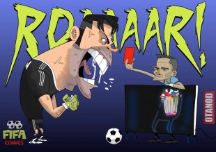 Buffon contro l'arbitro di Real Madrid-Juventus con il bidone dell'immondizia al posto del cuore di FIFA comics