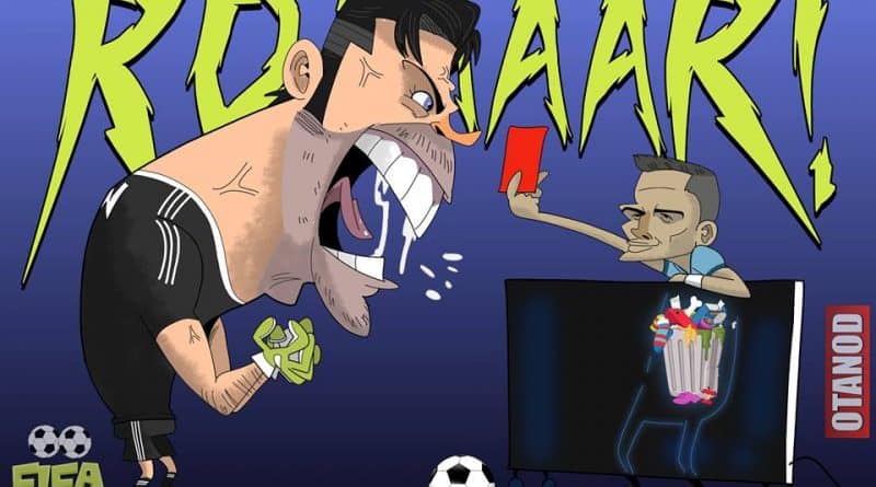 Buffon contro l'arbitro di Real Madrid-Juventus con il bidone dell'immondizia al posto del cuore di FIFA comics